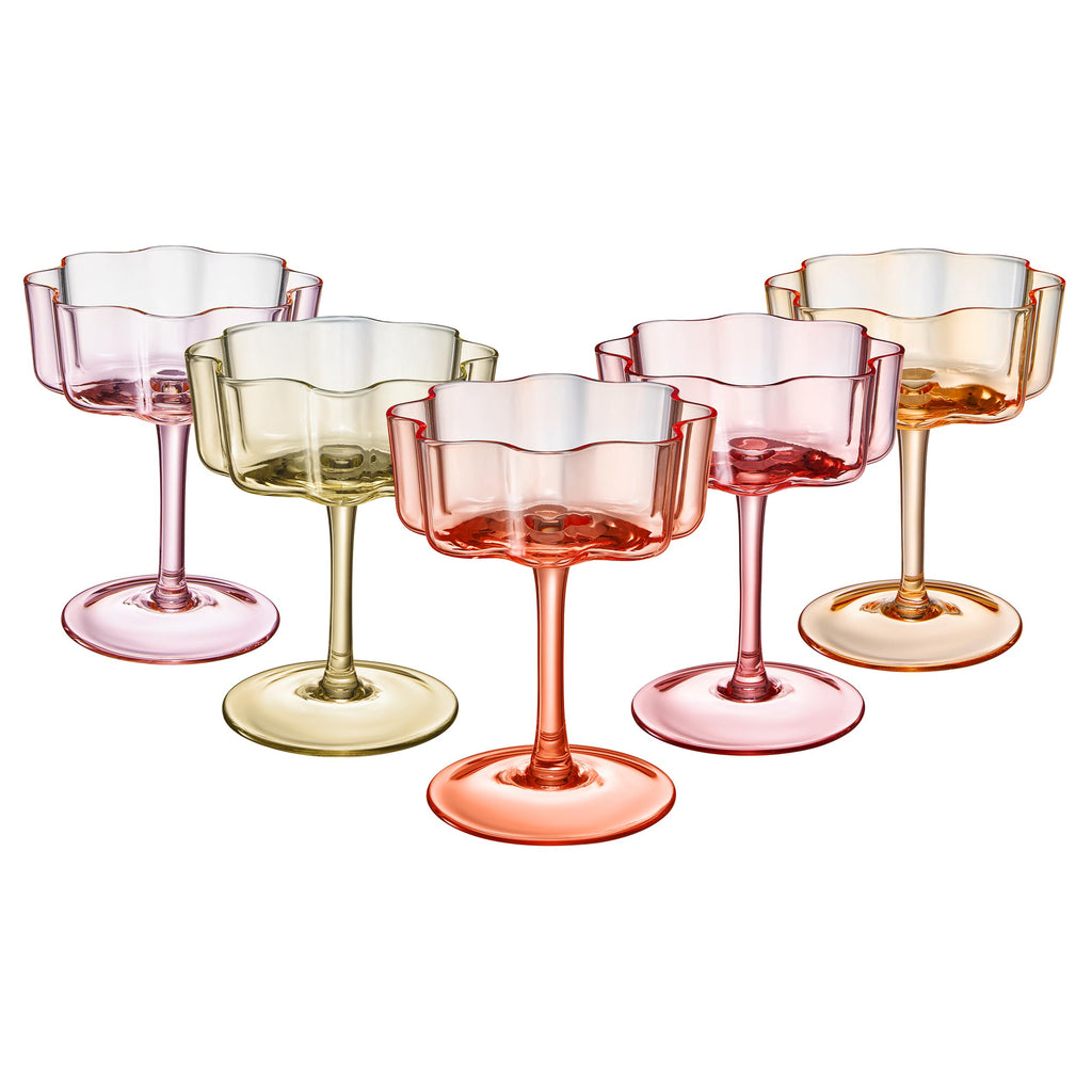 Flower Wave Coupe Cocktail Colored Glasses Set of 5 – Fall Holiday Party Drinkware