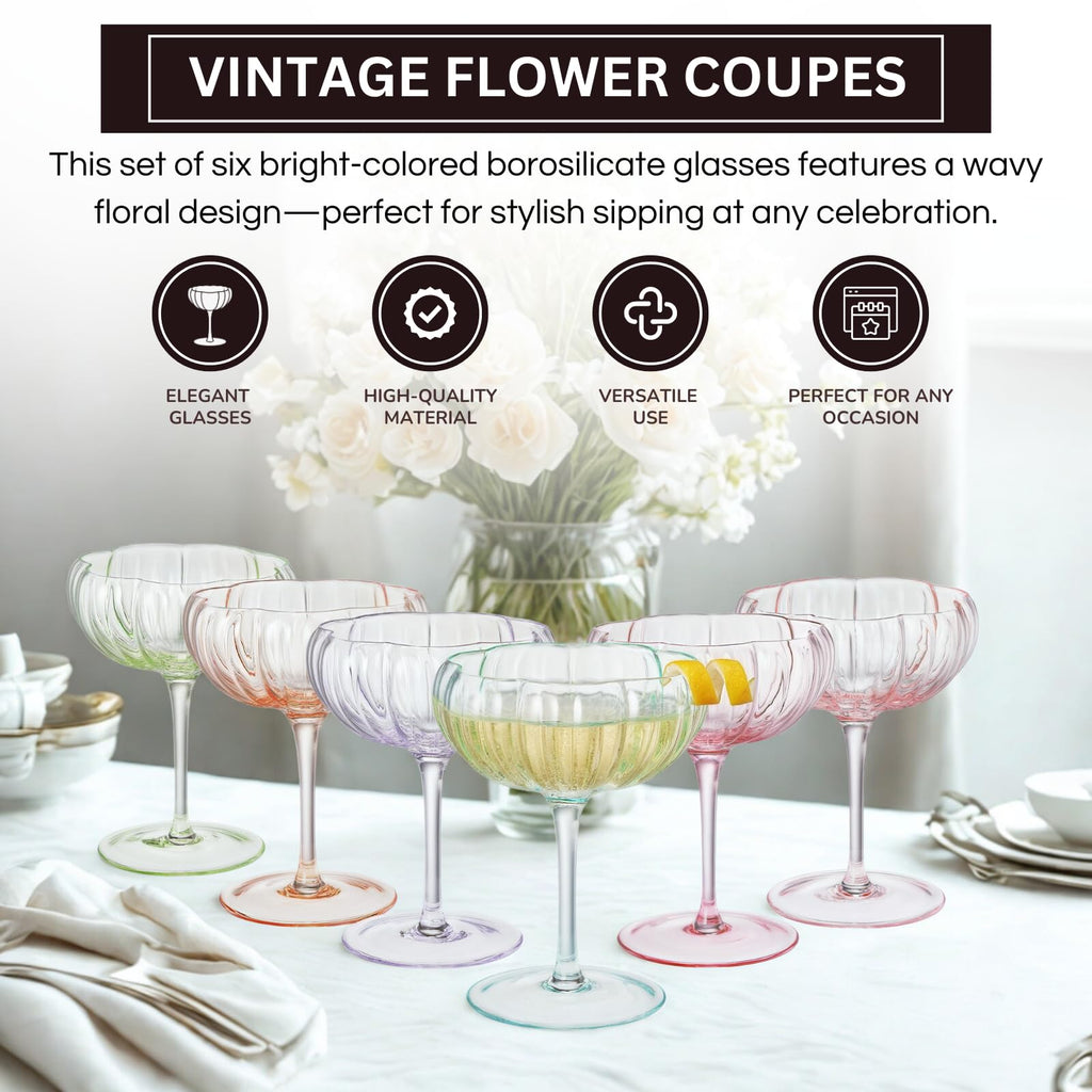 Flower Coupe Cocktail Glasses Set of 4 – Bright Multicolor Barware for Parties & Gifts