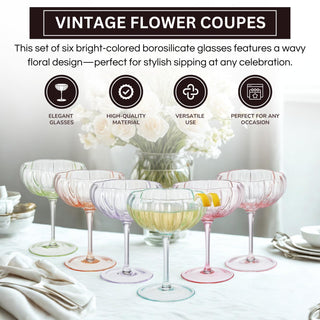 Flower Coupe Cocktail Glasses Set of 4 – Bright Multicolor Barware for Parties & Gifts