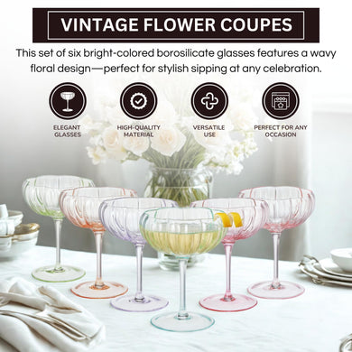 Flower Coupe Cocktail Glasses Set of 4 – Bright Multicolor Barware for Parties & Gifts