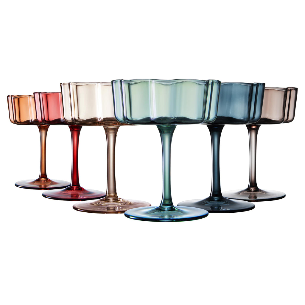Muted Flower Wave Coupe Cocktail Glasses Set of 6 – Elegant Colored Barware for Entertaining