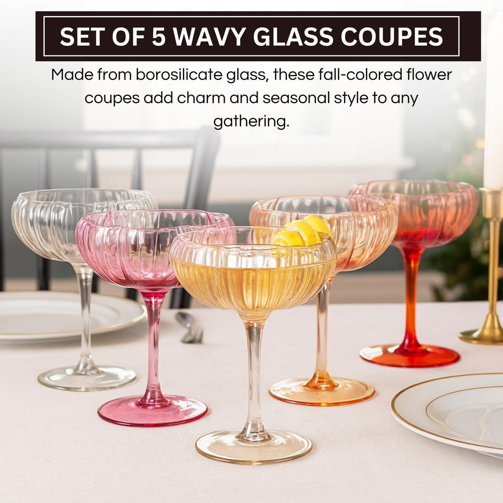 Flower Coupe Cocktail Glasses Set of 4 – Bright Colored Glassware for Cocktails & Entertaining