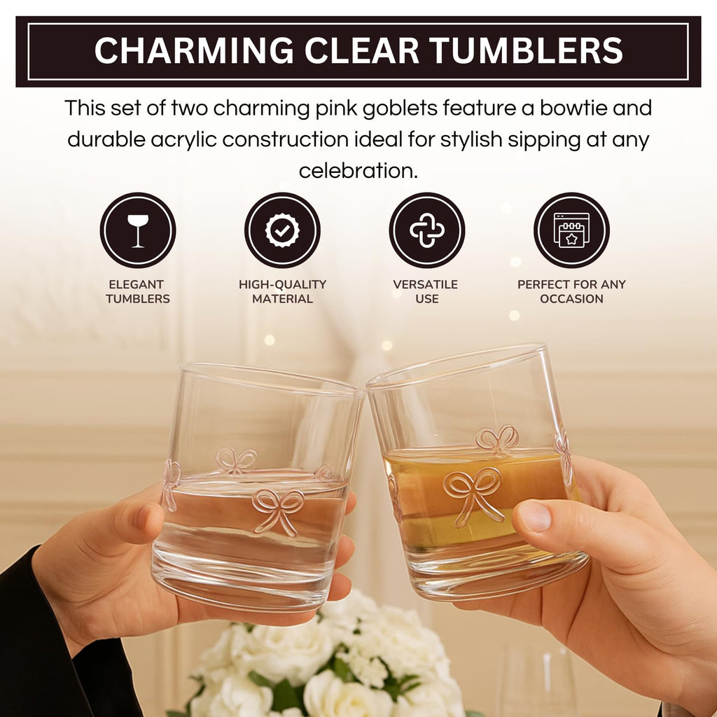 Khen Bowtie Tumblers Set Stylish Break Resistant Acrylic Drinkware for Cocktail Wedding Gift Use - Set of 2 Pink
