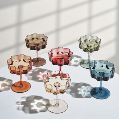 Muted Flower Wave Coupe Cocktail Glasses Set of 6 – Elegant Colored Barware for Entertaining