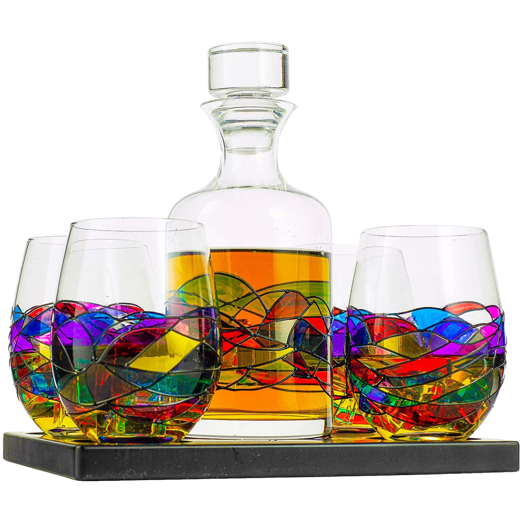 Artisanal Barcelona Hand-Painted Decanter Set | Renaissance Stained-Glass Collection