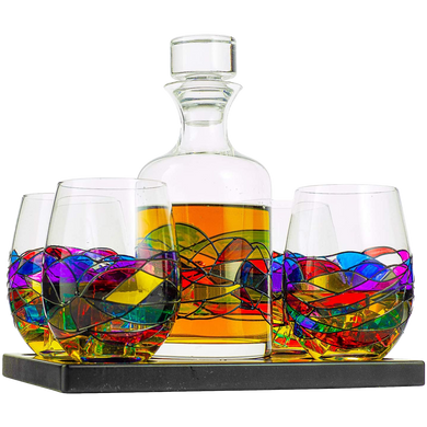 Artisanal Barcelona Hand-Painted Decanter Set | Renaissance Stained-Glass Collection