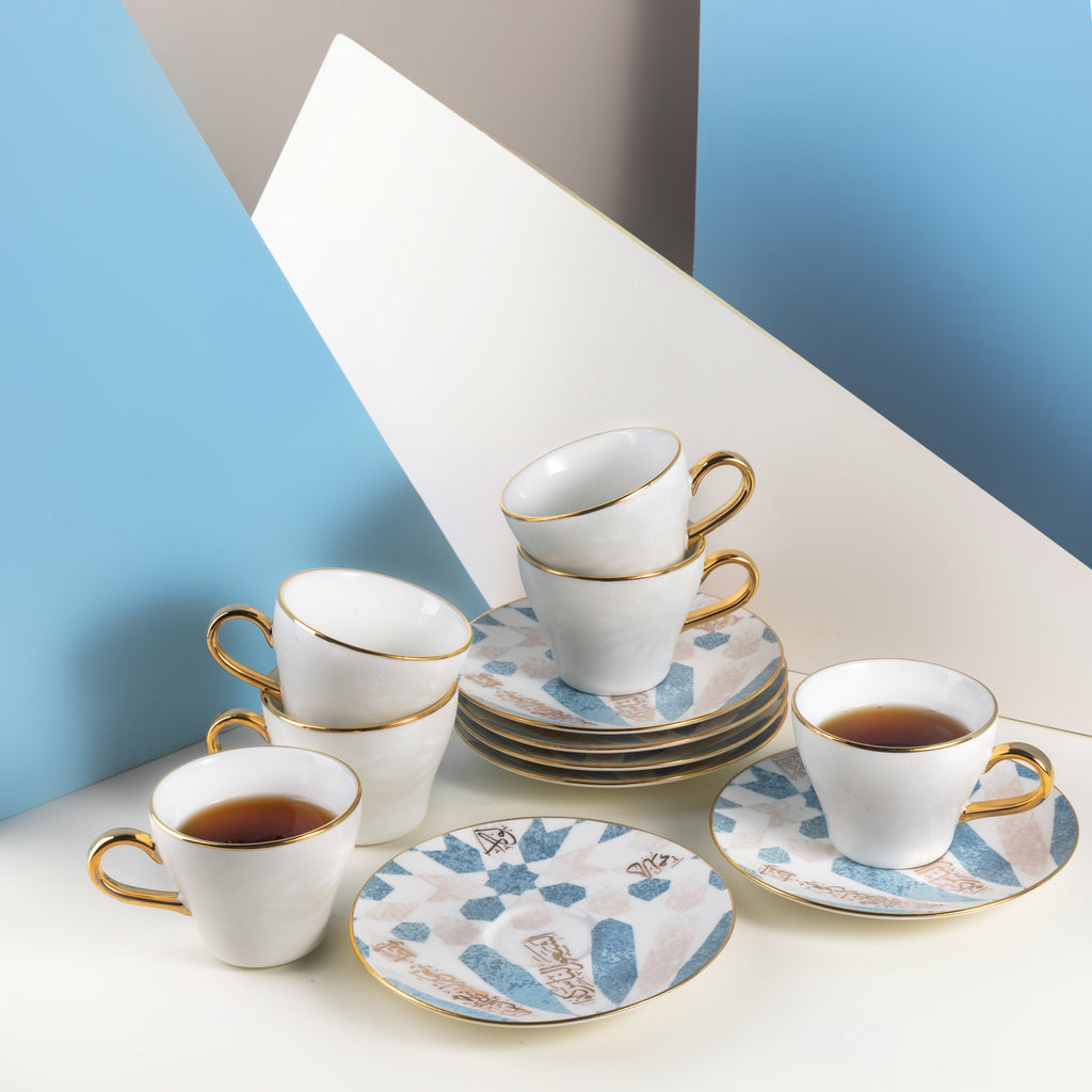 Amal Cappuccino Cup Set (12-Pc) – Blue & Gold Luxury Bone China