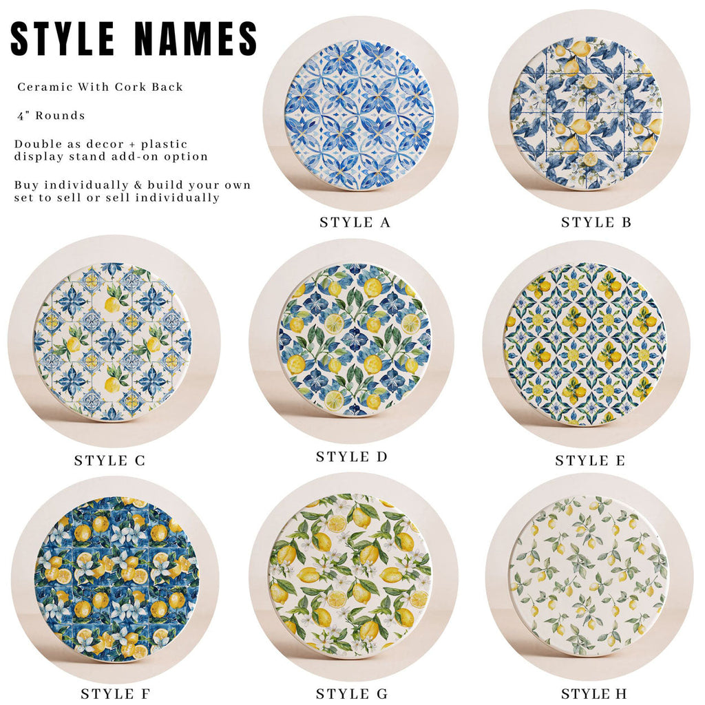 Mediterranean Lemon Ceramic Coasters – Blue Tile & Citrus Designs (4
