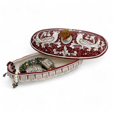JEWERLY BOX: Authentic Deruta Keepsake Oval Box with Murano Knob - DERUTA FONDO ROSSO design