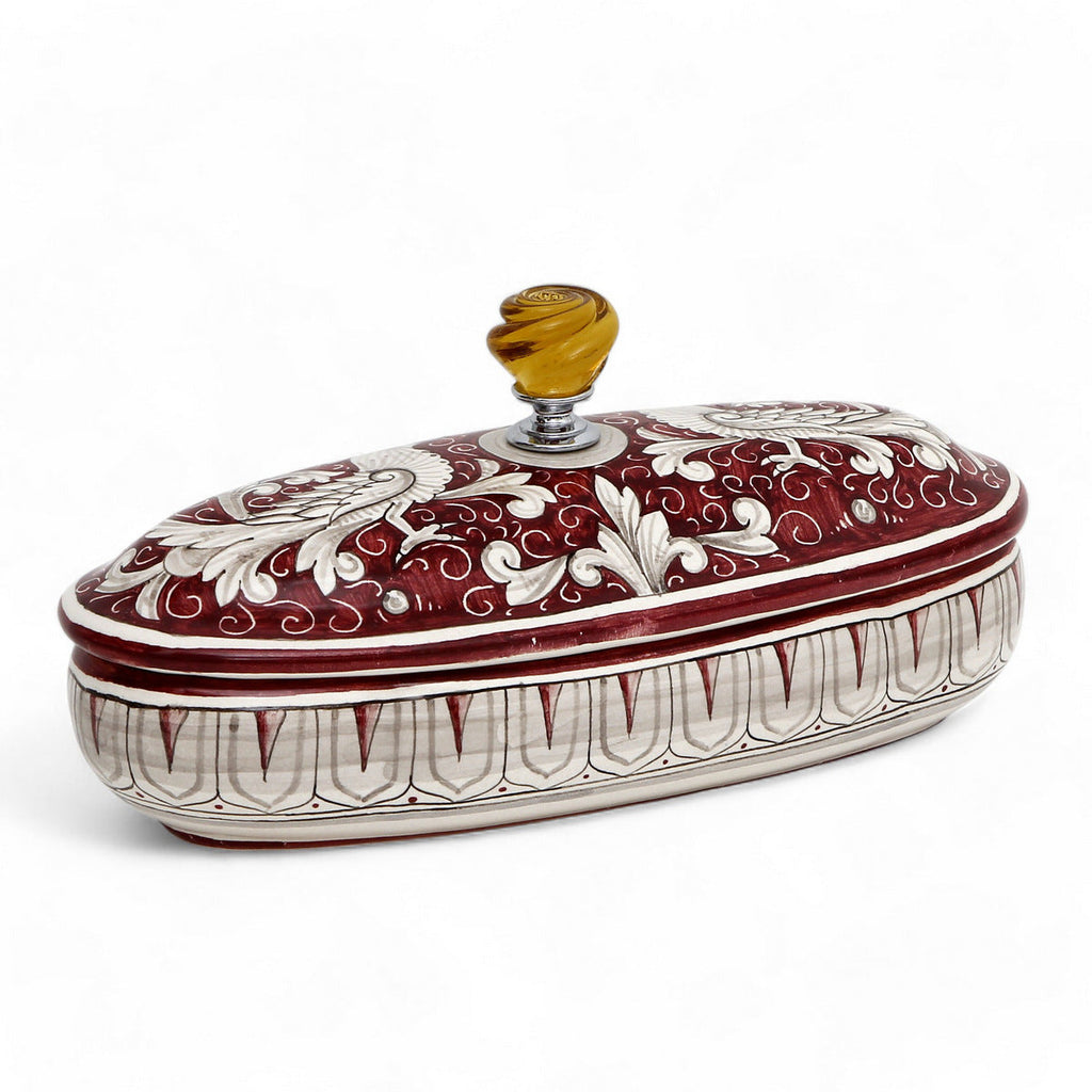 JEWERLY BOX: Authentic Deruta Keepsake Oval Box with Murano Knob - DERUTA FONDO ROSSO design