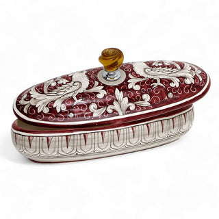 JEWERLY BOX: Authentic Deruta Keepsake Oval Box with Murano Knob - DERUTA FONDO ROSSO design