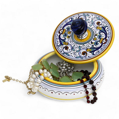 JEWERLY BOX: Authentic Deruta Keepsake Round Box with Murano Knob - RICCO DERUTA design