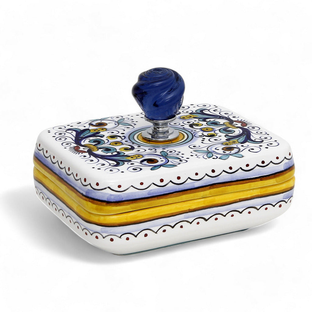 JEWERLY BOX: Authentic Deruta Keepsake Rectangular Box with Murano Knob - RICCO DERUTA design
