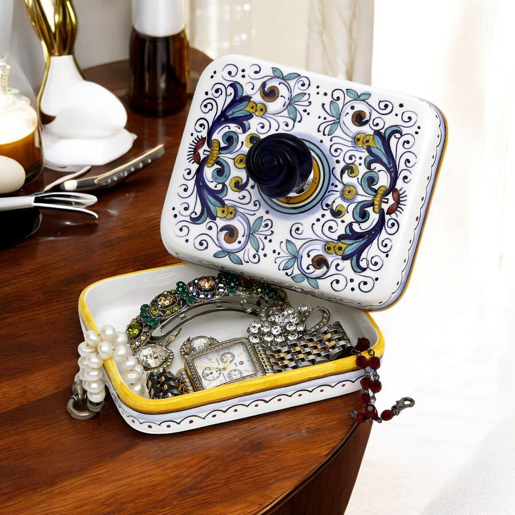 JEWERLY BOX: Authentic Deruta Keepsake Rectangular Box with Murano Knob - RICCO DERUTA design