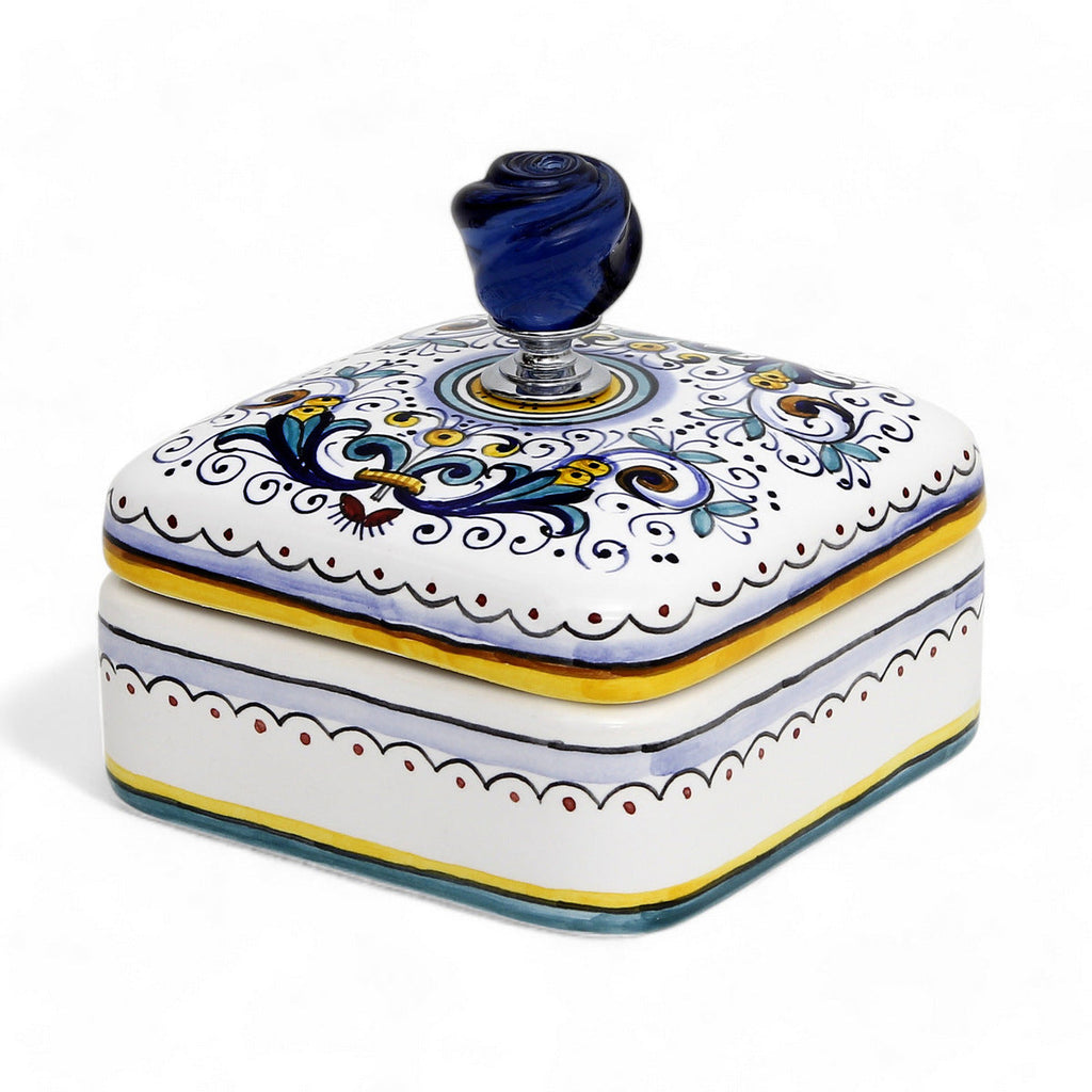 JEWERLY BOX: Authentic Deruta Keepsake Square Box with Murano Knob - RICCO DERUTA design
