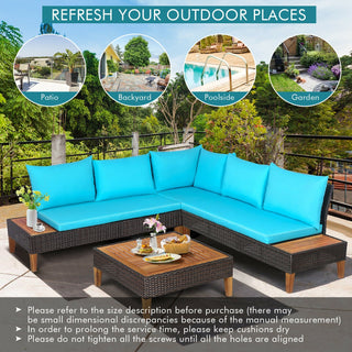 4-Piece Cushioned PE Rattan Patio Furniture Set with Acacia Wood Tables