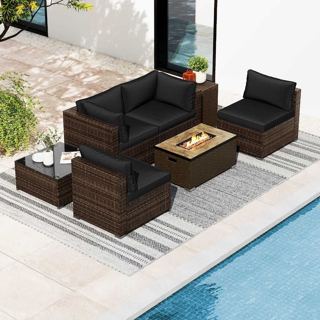 7-Piece PE Rattan Sectional Set with 32-Inch Gas Fire Pit Table and Tank Cover