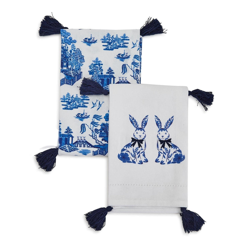 Chinoiserie Bunny Embroidered Dish Towel – Blue & White Easter Kitchen Towel