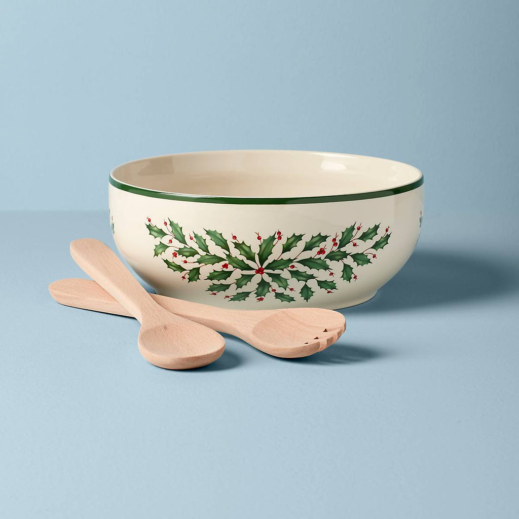 Lenox Holiday Salad Bowl & Wood Servers, porcelain