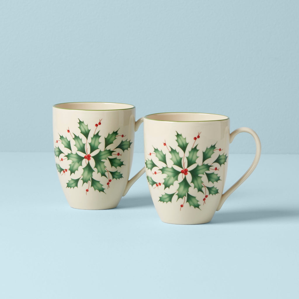 Lenox Holiday Holly Mugs - Set of 2, porcelain