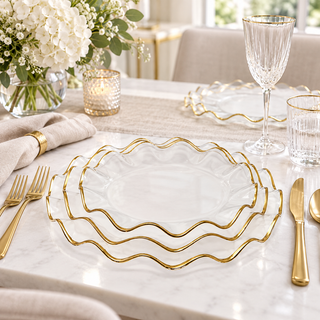 Set of 4 White Alabaster Plates with Gold Ruffled Border