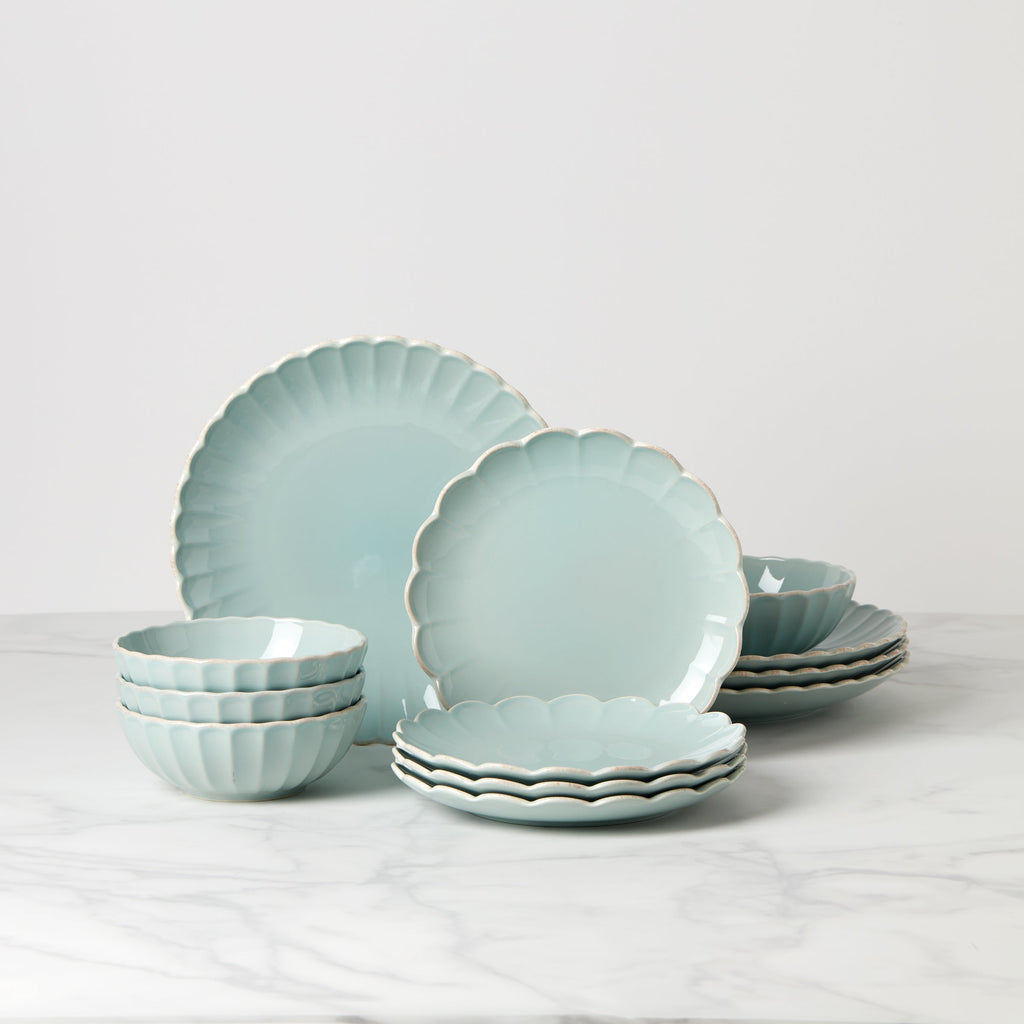 Lenox French Perle Scallop Ice Blue 12-Piece Dinnerware Set, stoneware