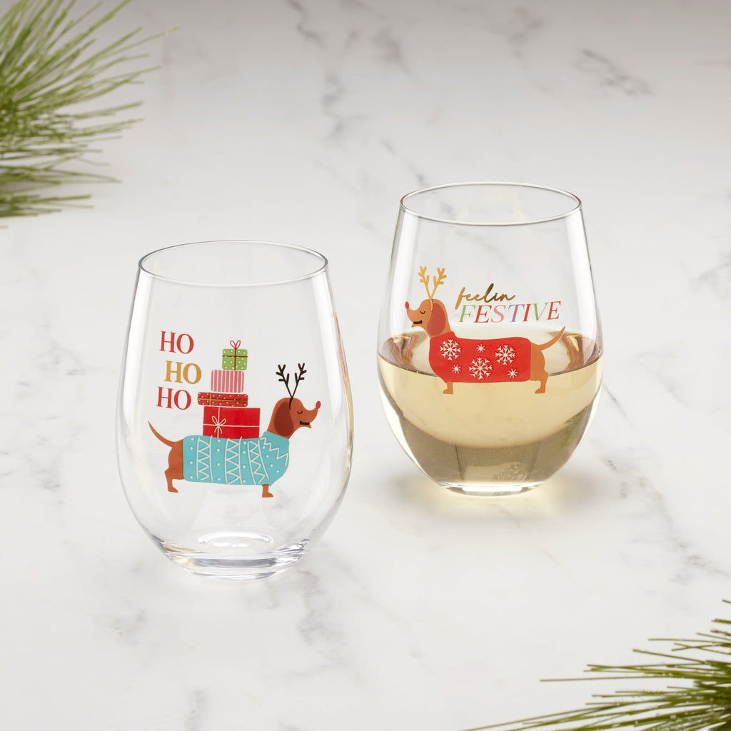 Cambridge Feeling Festive Dog Stemless Wine Glasses - Set of 2, glass (view 2)