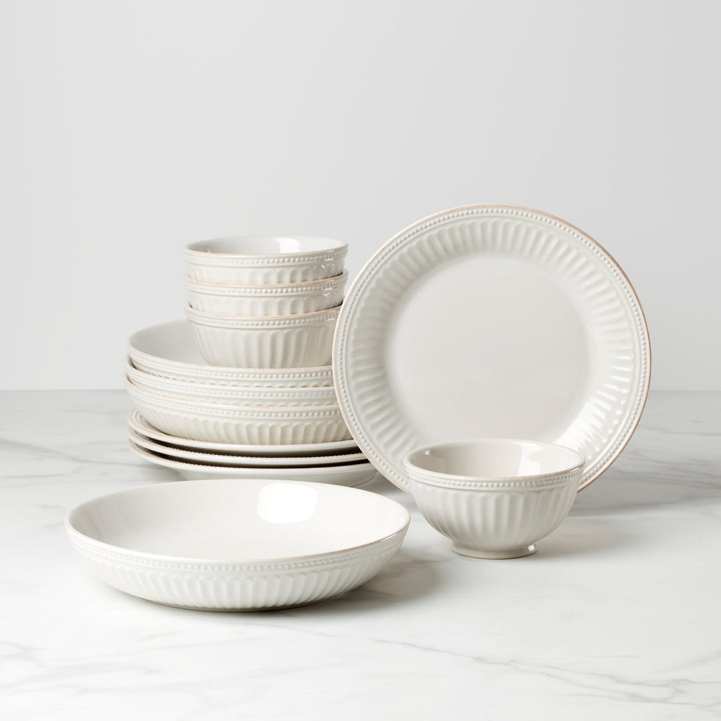 Lenox French Perle Groove White 12-Piece Dinnerware Set, stoneware