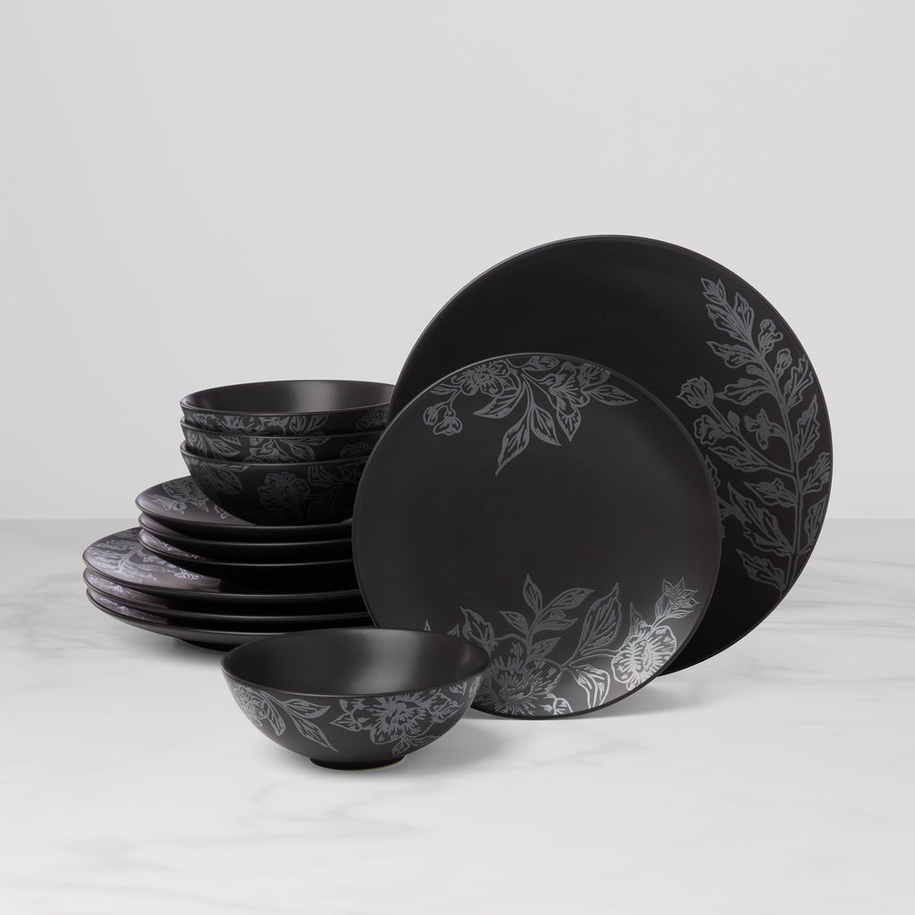 Oneida Roseto Charcoal 12-Piece Dinnerware Set, stoneware