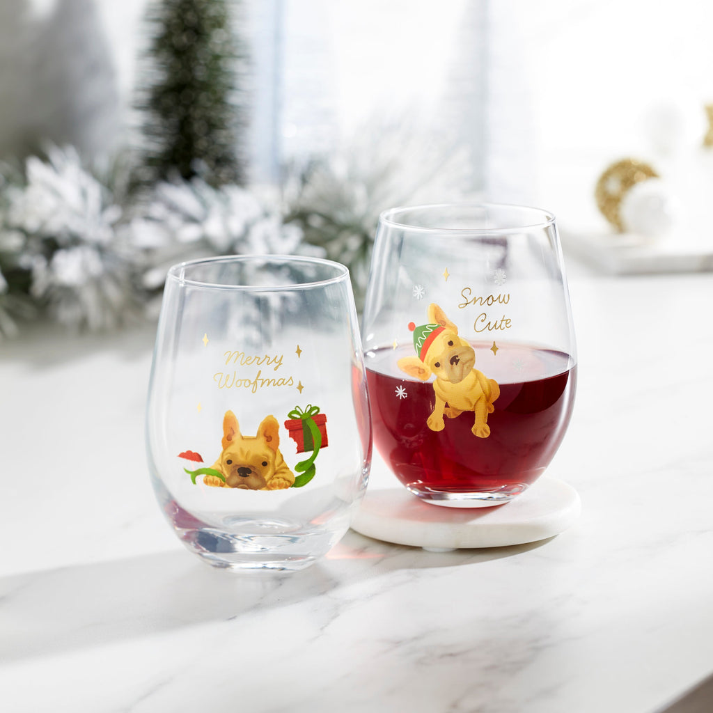 Cambridge Holiday Frenchie Stemless Wine Glasses, Set of 2, glass (view 2)