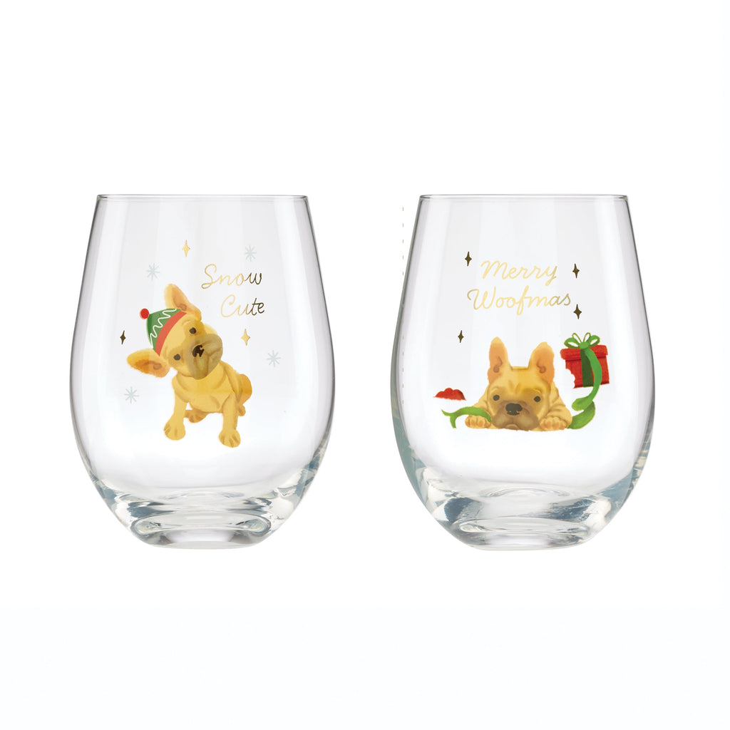 Cambridge Holiday Frenchie Stemless Wine Glasses, Set of 2, glass