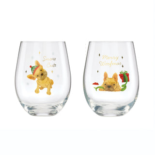 Cambridge Holiday Frenchie Stemless Wine Glasses, Set of 2, glass