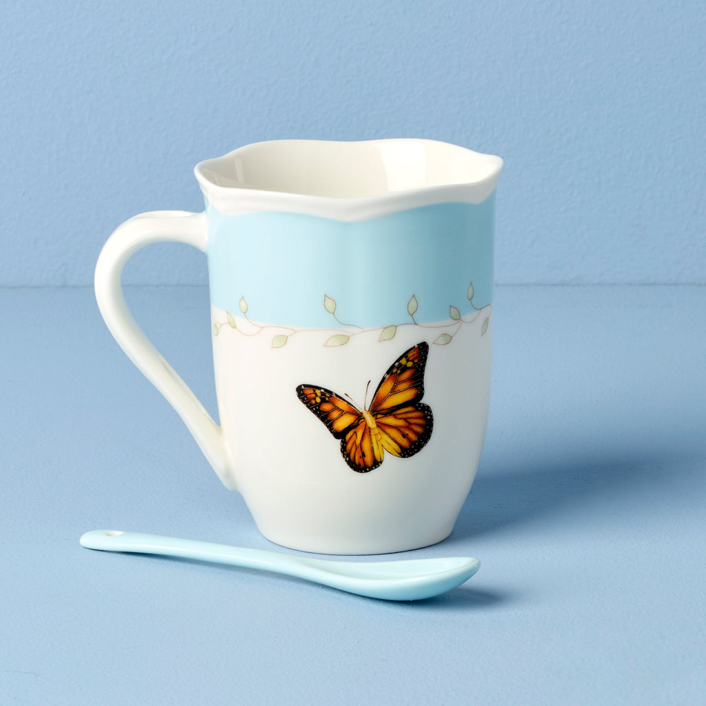Lenox Butterfly Meadow Blue Mugs with Spoons, Set of 2, porcelain (view 4)
