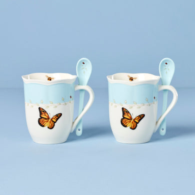 Lenox Butterfly Meadow Blue Mugs with Spoons, Set of 2, porcelain