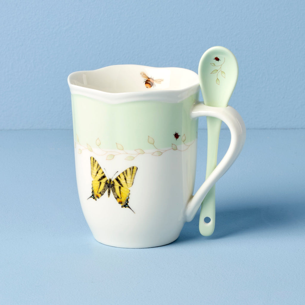 Lenox Butterfly Meadow Green Mugs with Spoons, Set of 2, porcelain (view 3)