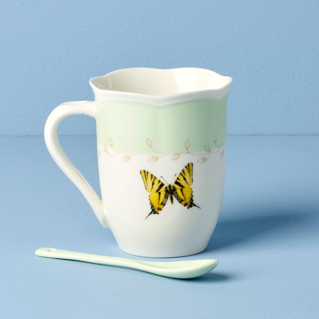 Lenox Butterfly Meadow Green Mugs with Spoons, Set of 2, porcelain (view 4)