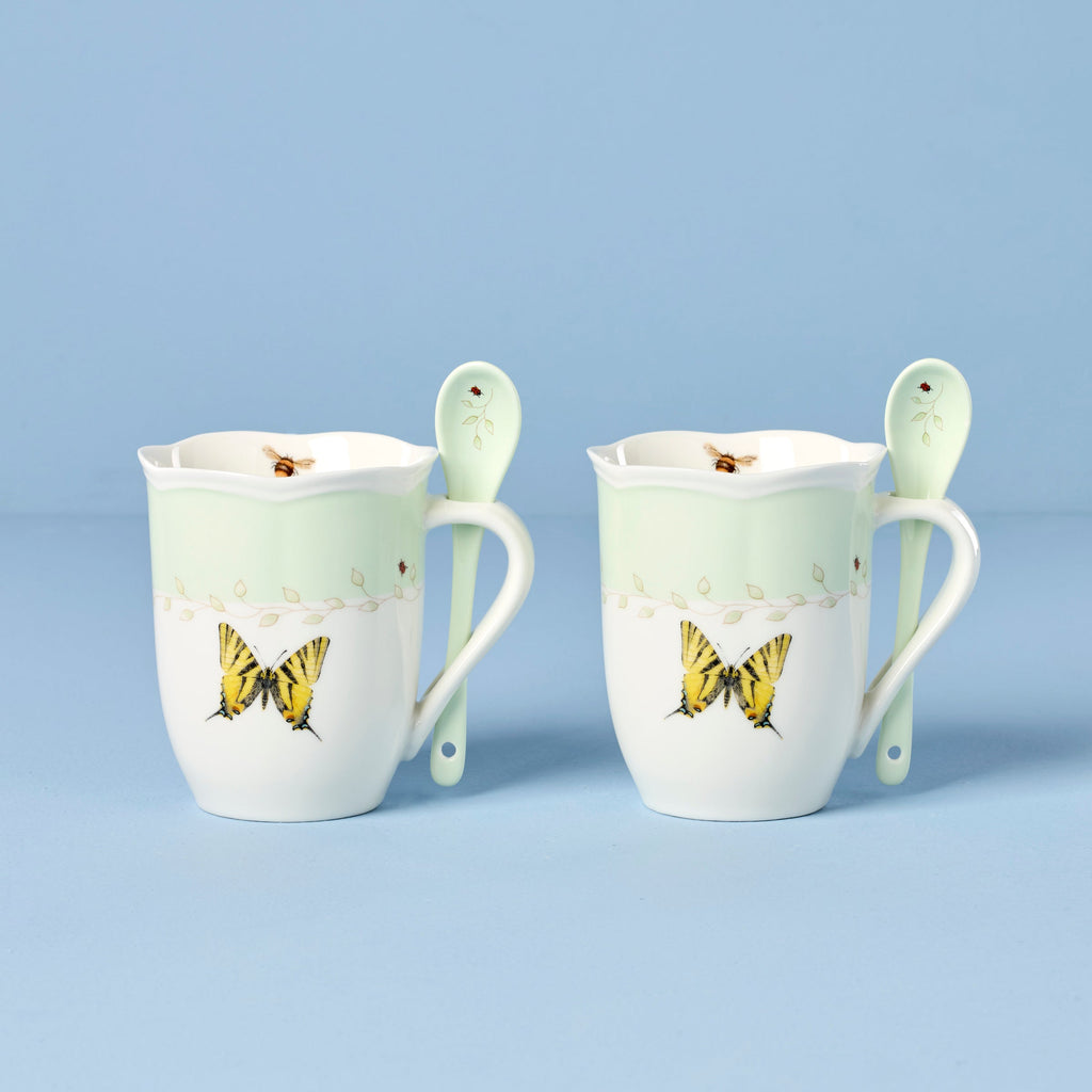 Lenox Butterfly Meadow Green Mugs with Spoons, Set of 2, porcelain