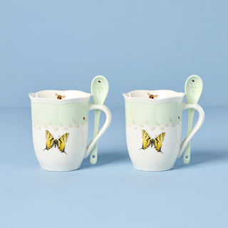 Lenox Butterfly Meadow Green Mugs with Spoons, Set of 2, porcelain