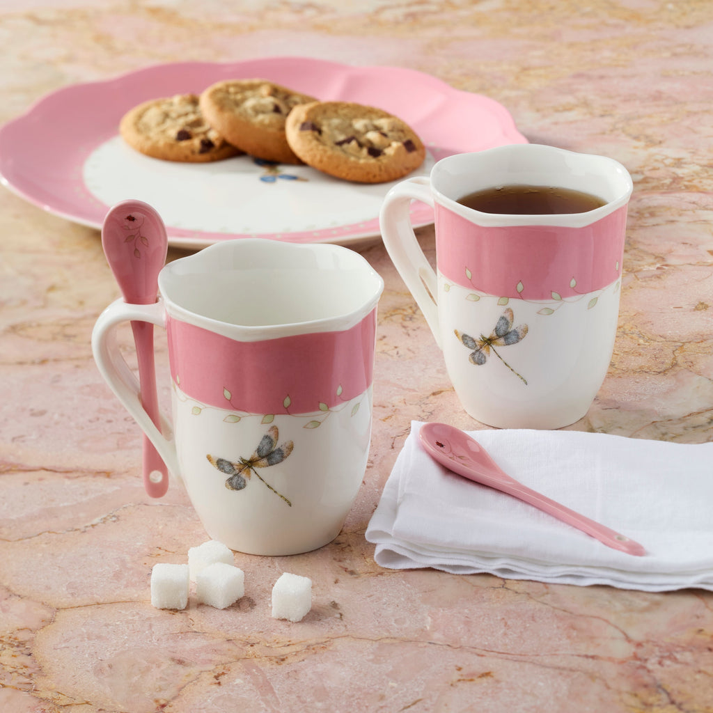 Lenox Butterfly Meadow Pink Mugs with Spoons, Set of 2, porcelain (view 5)