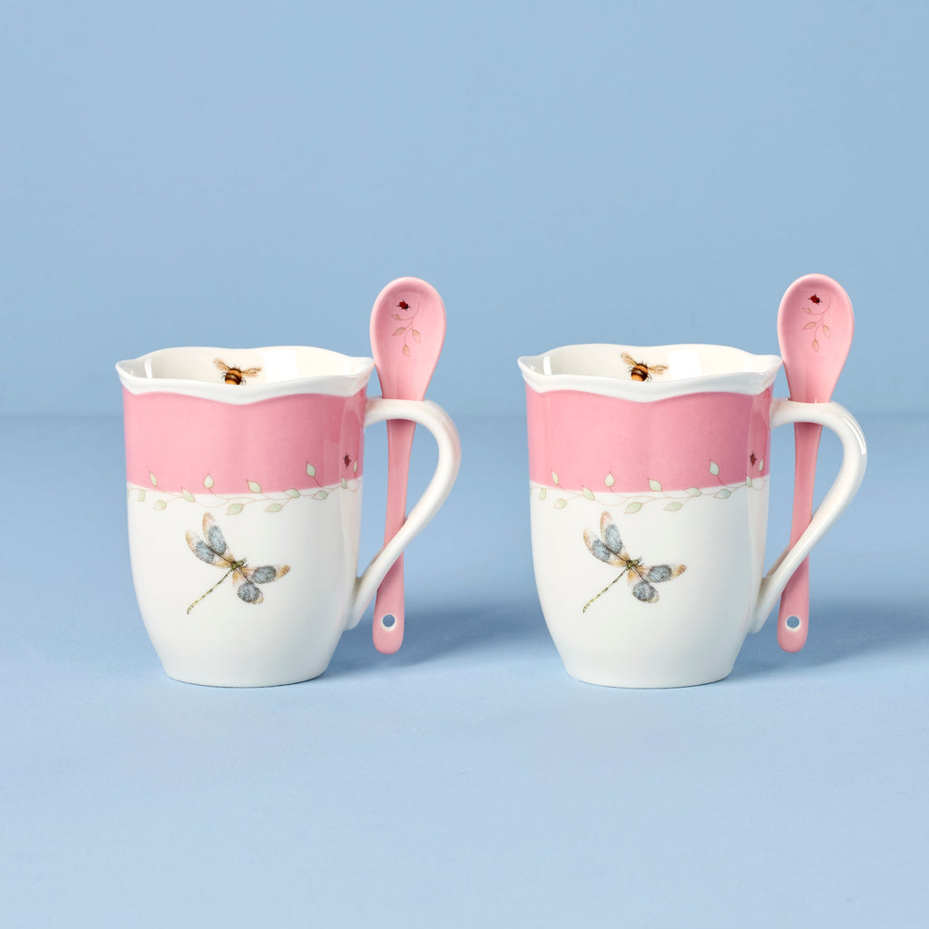 Lenox Butterfly Meadow Pink Mugs with Spoons, Set of 2, porcelain