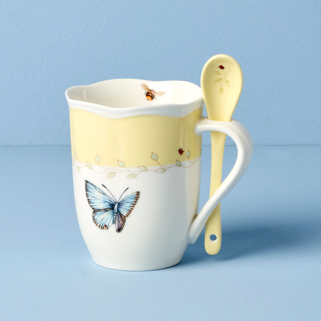 Lenox Butterfly Meadow Yellow Mugs with Spoons, Set of 2, porcelain (view 3)