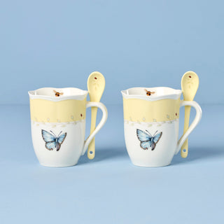 Lenox Butterfly Meadow Yellow Mugs with Spoons, Set of 2, porcelain
