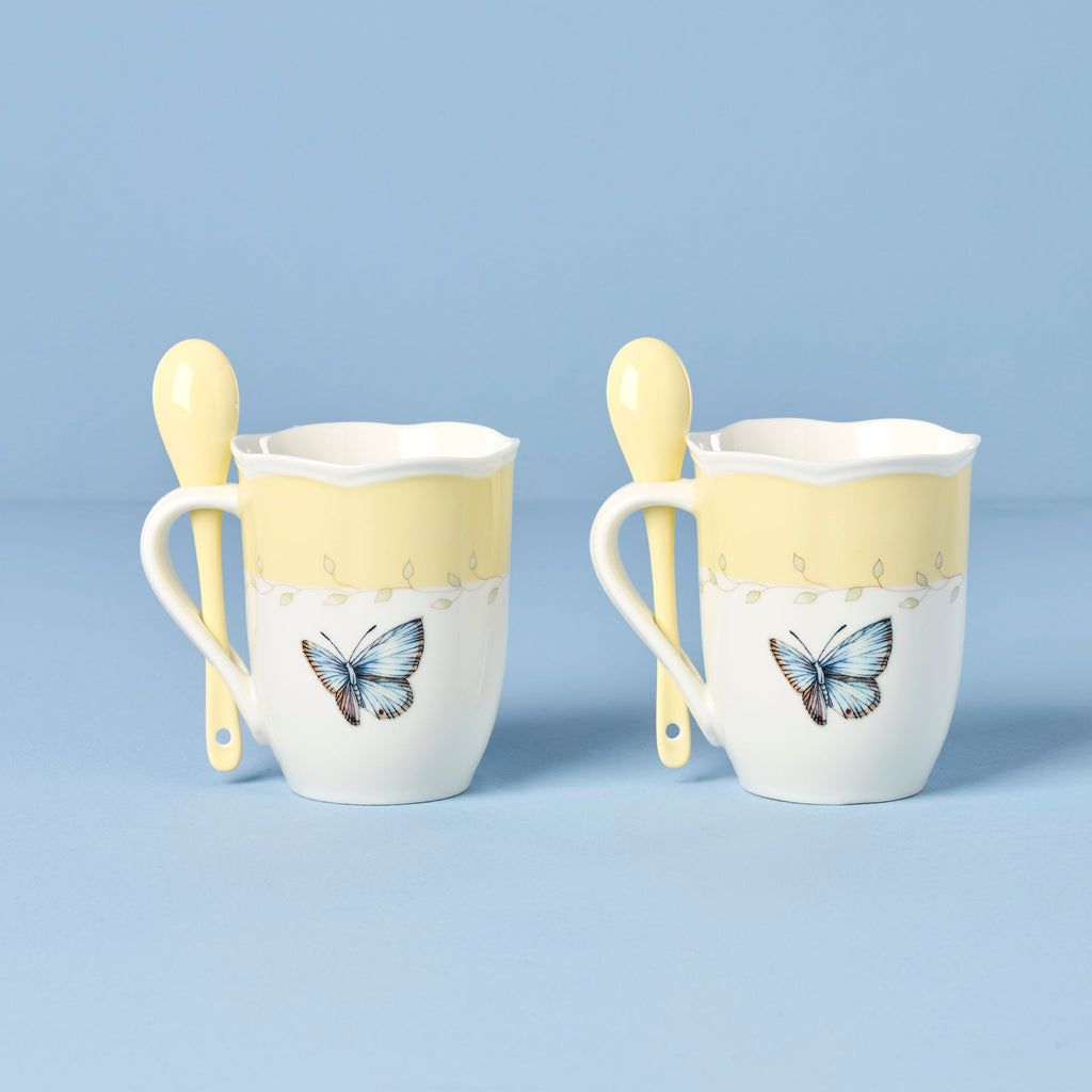 Lenox Butterfly Meadow Yellow Mugs with Spoons, Set of 2, porcelain (view 2)