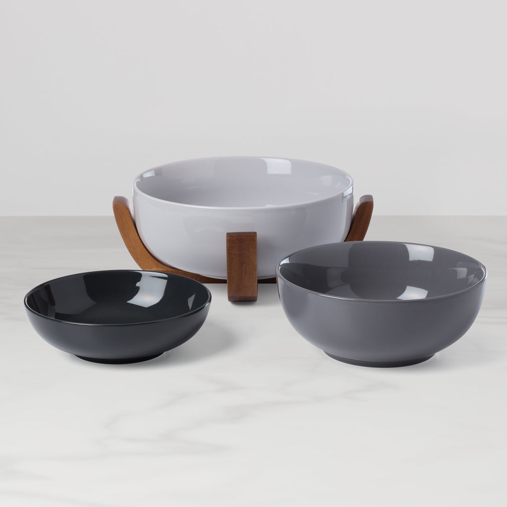 Oneida 24 Seven Pumice 3-Piece Nesting Bowl Set with Wood Stand, porcelain (view 2)