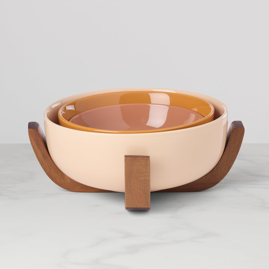 Oneida 24 Seven Sunbaked 3-Piece Nesting Bowl Set with Wood Stand, porcelain