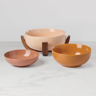 Oneida 24 Seven Sunbaked 3-Piece Nesting Bowl Set with Wood Stand, porcelain (view 2)