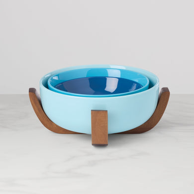 Oneida 24 Seven Turquoise 3-Piece Nesting Bowl Set with Wood Stand, porcelain