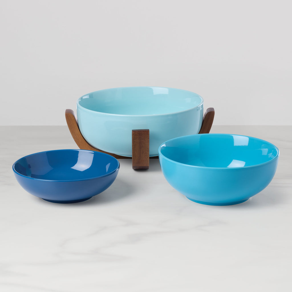 Oneida 24 Seven Turquoise 3-Piece Nesting Bowl Set with Wood Stand, porcelain (view 2)