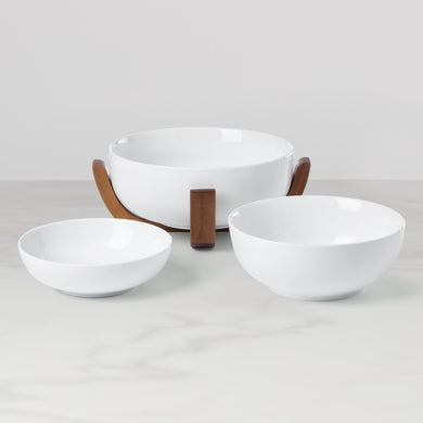 Oneida 24 Seven White 3-Piece Nesting Bowl Set with Wood Stand, porcelain (view 2)