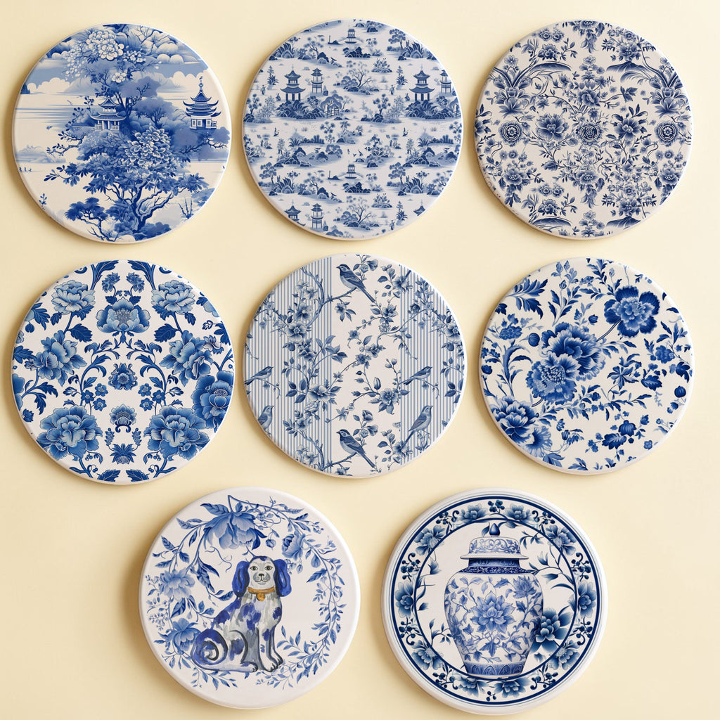 Blue & White Chinoiserie Ceramic Coasters – Classic Porcelain-Inspired Designs
